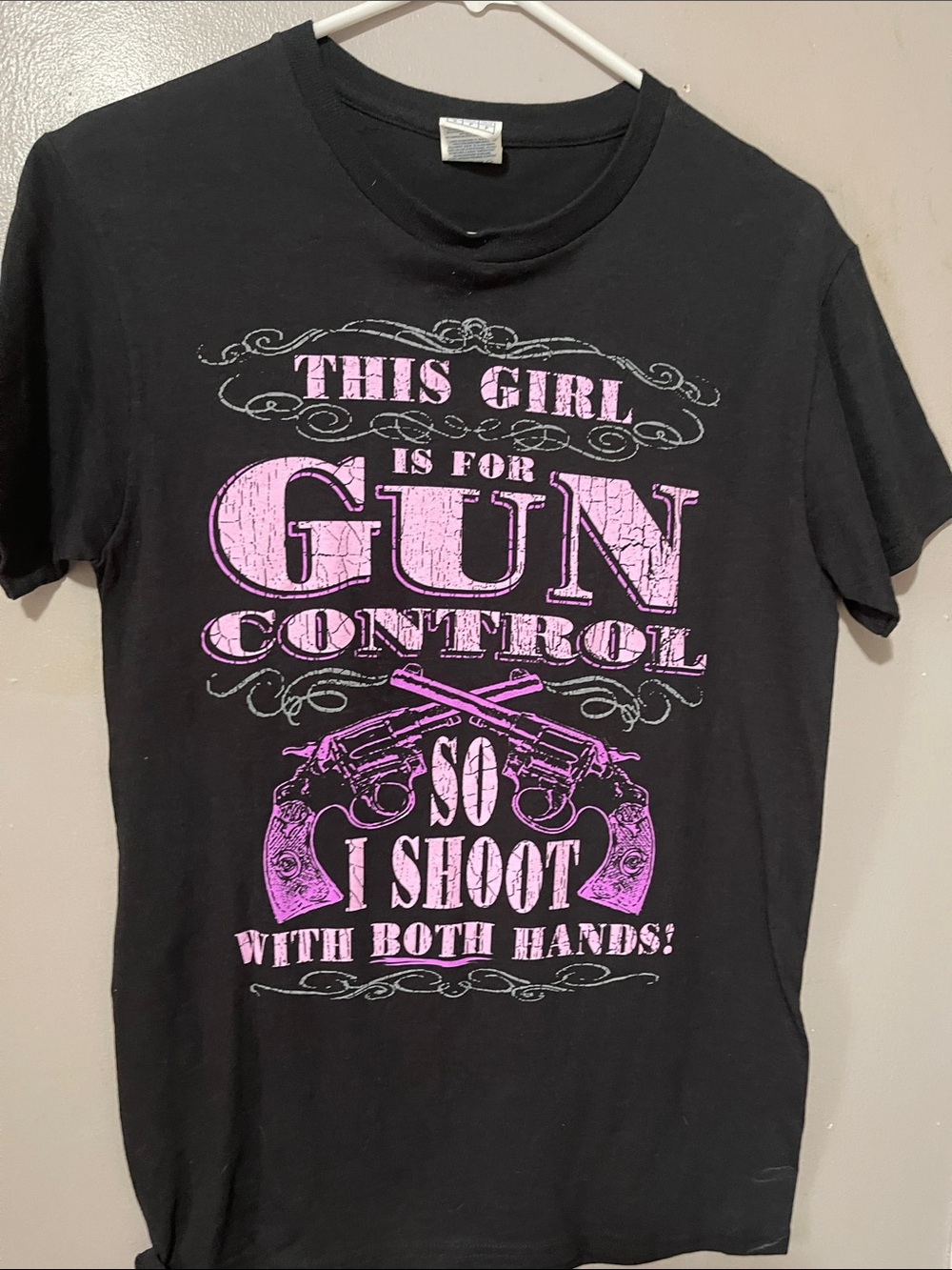 Delta Black Short Sleeve Tee with Pink Gun Control Graphic
